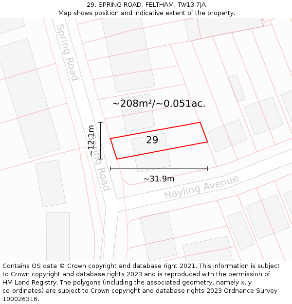 29, SPRING ROAD, FELTHAM, TW13 7JA: Plot and title map