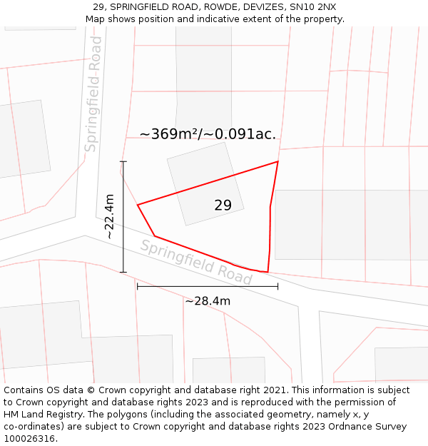 29, SPRINGFIELD ROAD, ROWDE, DEVIZES, SN10 2NX: Plot and title map