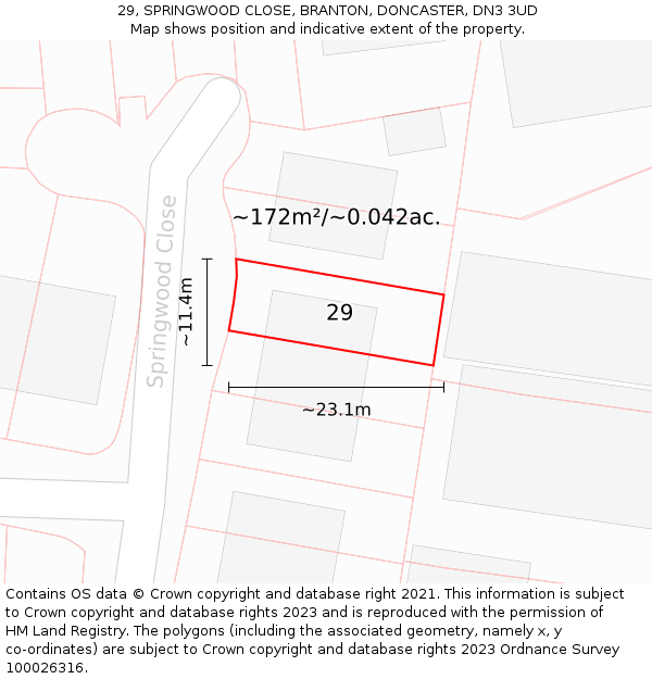 29, SPRINGWOOD CLOSE, BRANTON, DONCASTER, DN3 3UD: Plot and title map