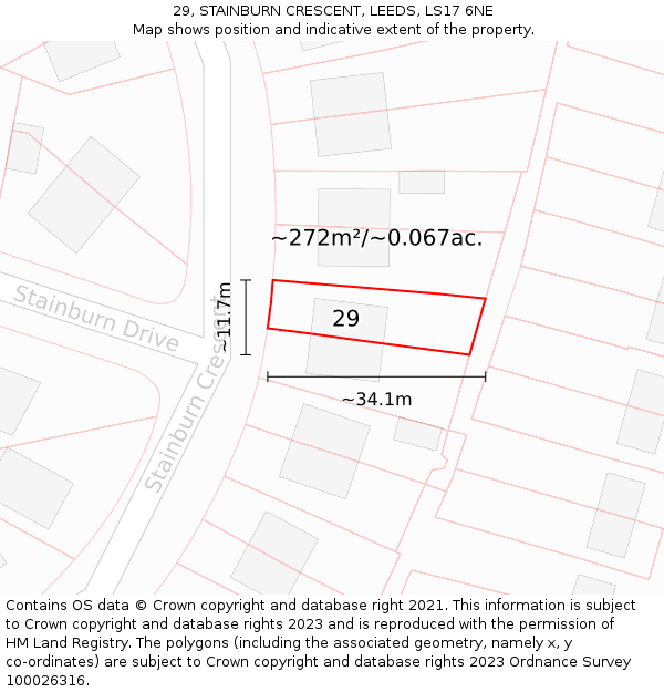 29, STAINBURN CRESCENT, LEEDS, LS17 6NE: Plot and title map