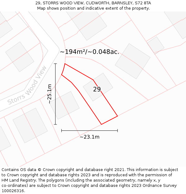 29, STORRS WOOD VIEW, CUDWORTH, BARNSLEY, S72 8TA: Plot and title map