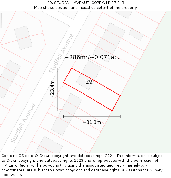 29, STUDFALL AVENUE, CORBY, NN17 1LB: Plot and title map