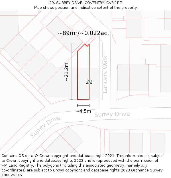 29, SURREY DRIVE, COVENTRY, CV3 1PZ: Plot and title map