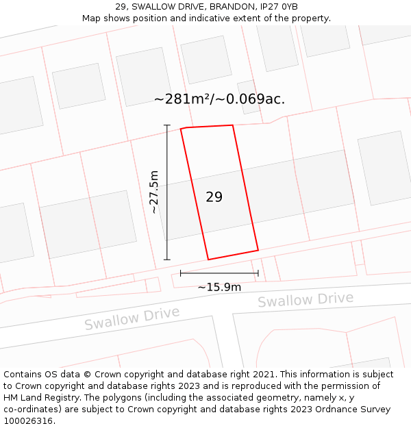 29, SWALLOW DRIVE, BRANDON, IP27 0YB: Plot and title map