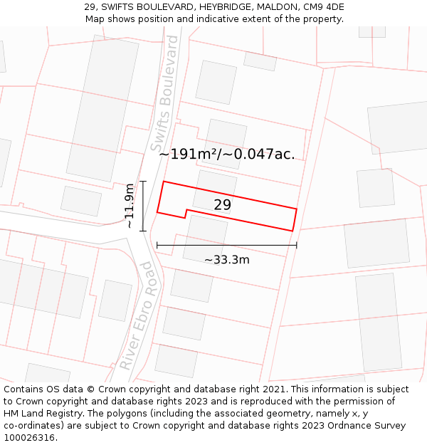 29, SWIFTS BOULEVARD, HEYBRIDGE, MALDON, CM9 4DE: Plot and title map