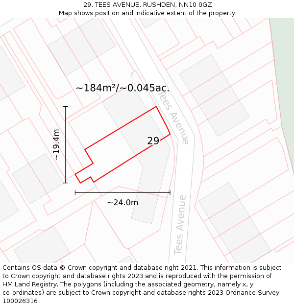29, TEES AVENUE, RUSHDEN, NN10 0GZ: Plot and title map