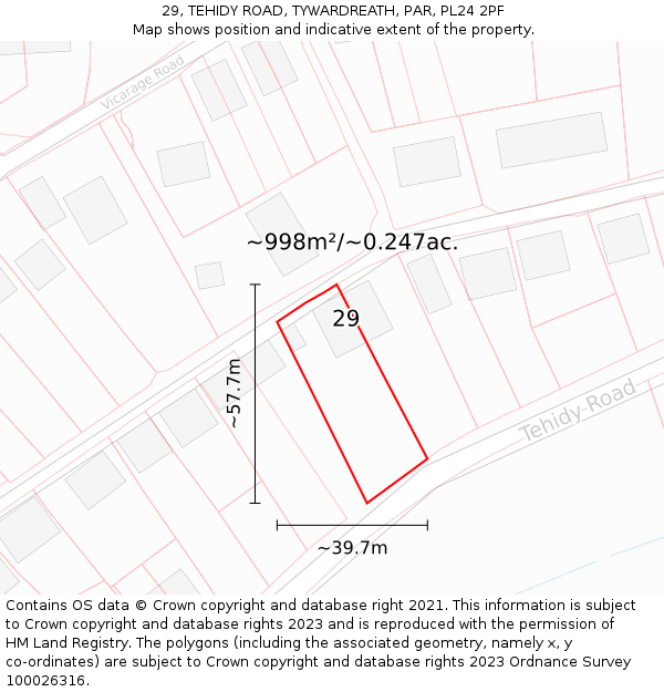 29, TEHIDY ROAD, TYWARDREATH, PAR, PL24 2PF: Plot and title map