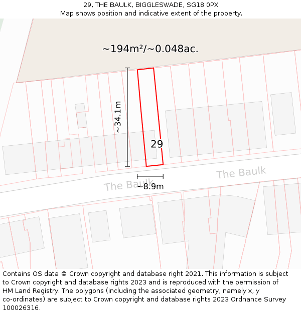 29, THE BAULK, BIGGLESWADE, SG18 0PX: Plot and title map