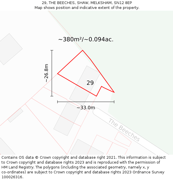 29, THE BEECHES, SHAW, MELKSHAM, SN12 8EP: Plot and title map