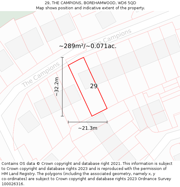 29, THE CAMPIONS, BOREHAMWOOD, WD6 5QD: Plot and title map
