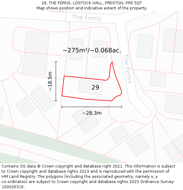 29, THE FERNS, LOSTOCK HALL, PRESTON, PR5 5QT: Plot and title map