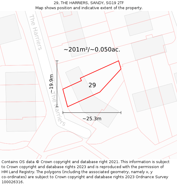 29, THE HARRIERS, SANDY, SG19 2TF: Plot and title map
