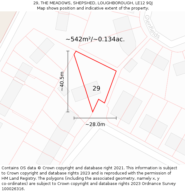 29, THE MEADOWS, SHEPSHED, LOUGHBOROUGH, LE12 9QJ: Plot and title map