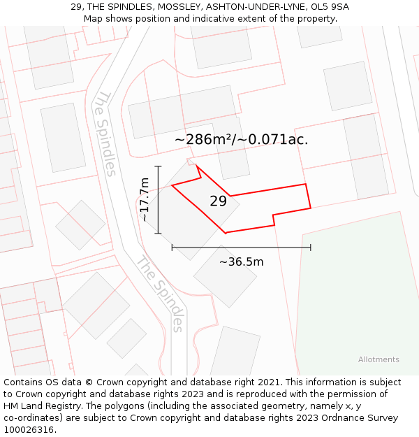 29, THE SPINDLES, MOSSLEY, ASHTON-UNDER-LYNE, OL5 9SA: Plot and title map
