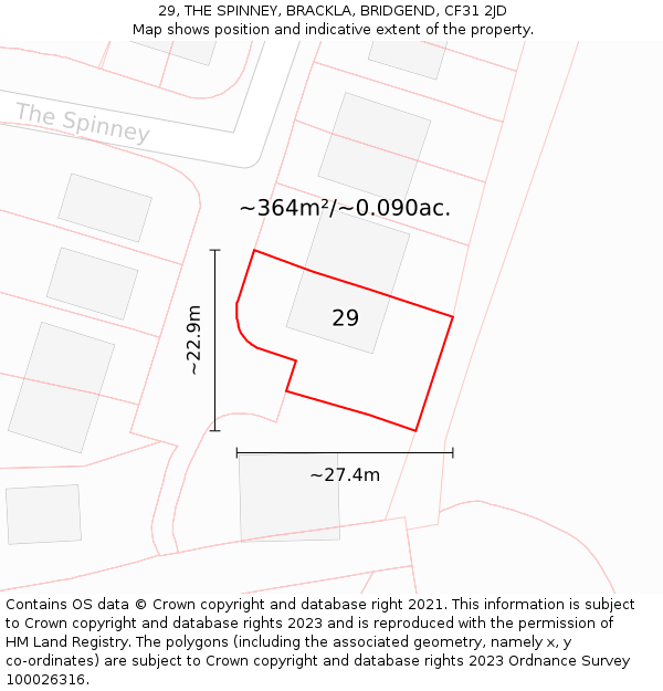 29, THE SPINNEY, BRACKLA, BRIDGEND, CF31 2JD: Plot and title map
