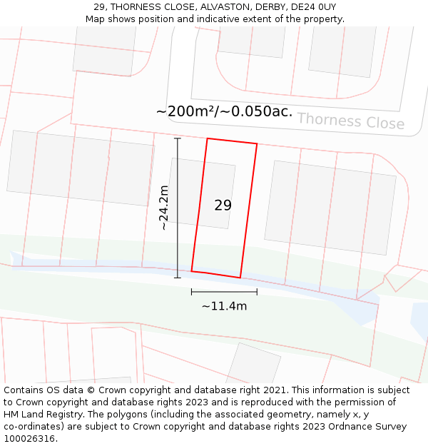 29, THORNESS CLOSE, ALVASTON, DERBY, DE24 0UY: Plot and title map