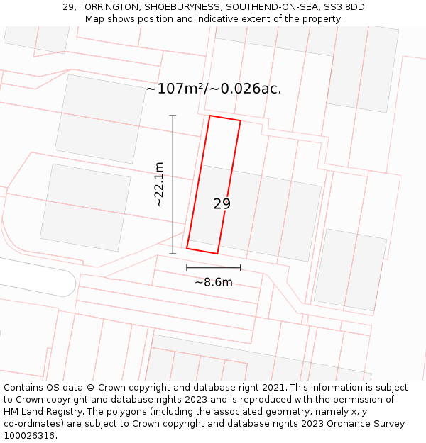 29, TORRINGTON, SHOEBURYNESS, SOUTHEND-ON-SEA, SS3 8DD: Plot and title map