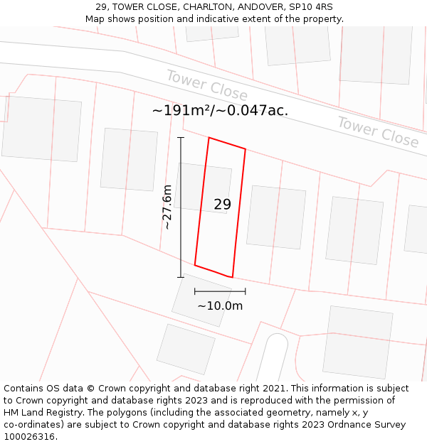 29, TOWER CLOSE, CHARLTON, ANDOVER, SP10 4RS: Plot and title map