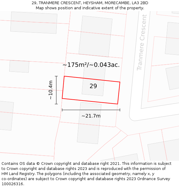 29, TRANMERE CRESCENT, HEYSHAM, MORECAMBE, LA3 2BD: Plot and title map