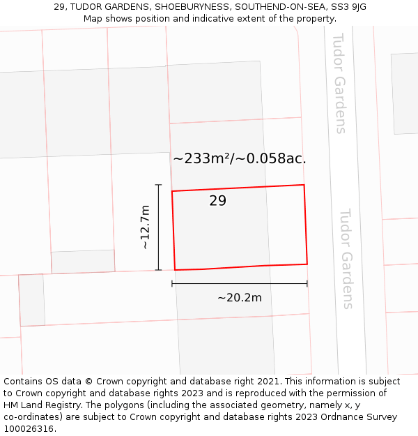 29, TUDOR GARDENS, SHOEBURYNESS, SOUTHEND-ON-SEA, SS3 9JG: Plot and title map