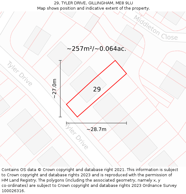 29, TYLER DRIVE, GILLINGHAM, ME8 9LU: Plot and title map