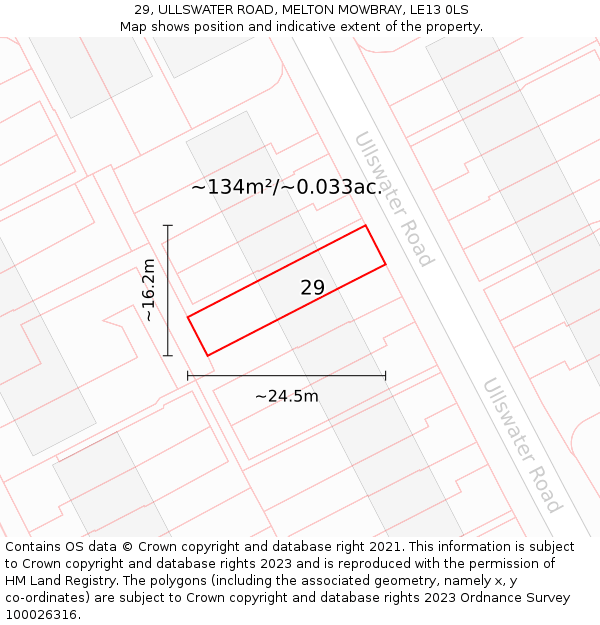 29, ULLSWATER ROAD, MELTON MOWBRAY, LE13 0LS: Plot and title map