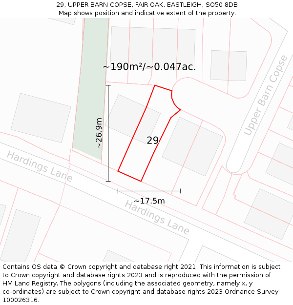 29, UPPER BARN COPSE, FAIR OAK, EASTLEIGH, SO50 8DB: Plot and title map