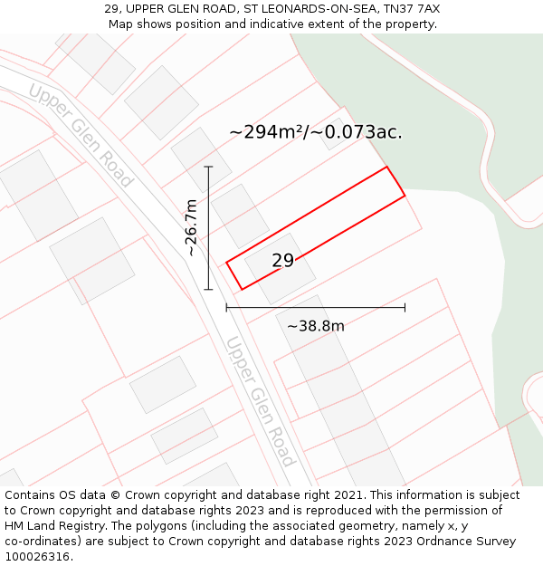 29, UPPER GLEN ROAD, ST LEONARDS-ON-SEA, TN37 7AX: Plot and title map