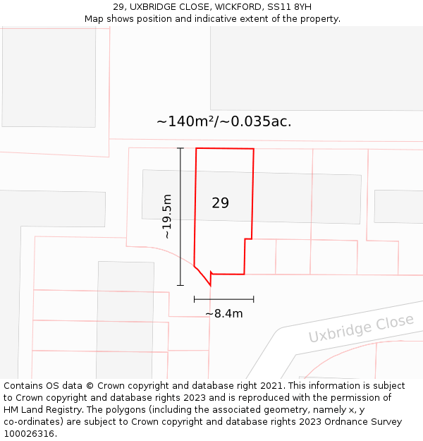 29, UXBRIDGE CLOSE, WICKFORD, SS11 8YH: Plot and title map