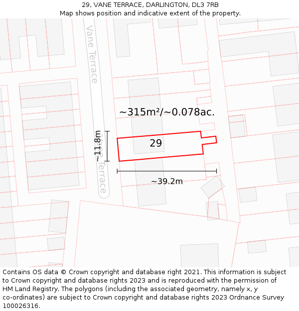 29, VANE TERRACE, DARLINGTON, DL3 7RB: Plot and title map