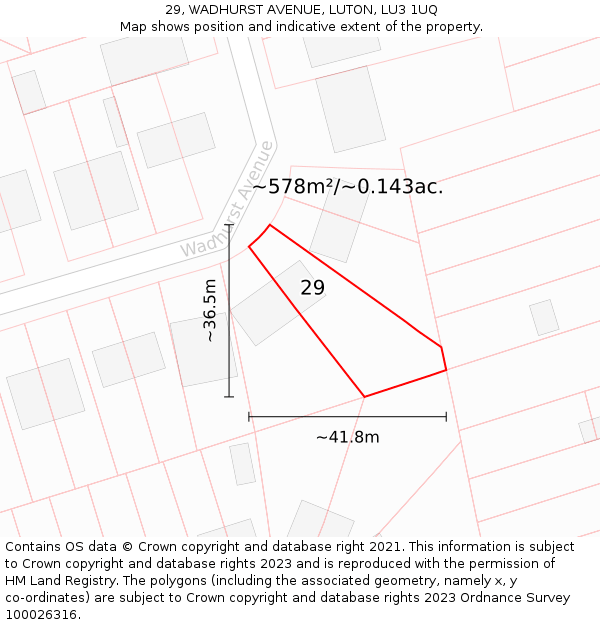 29, WADHURST AVENUE, LUTON, LU3 1UQ: Plot and title map