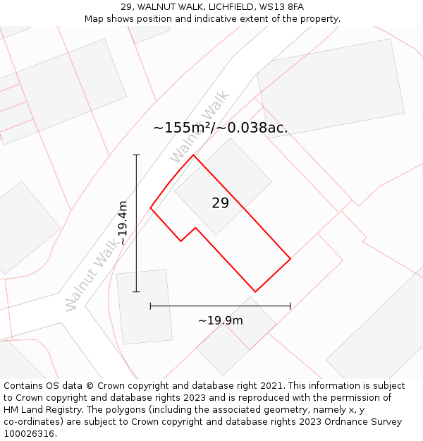 29, WALNUT WALK, LICHFIELD, WS13 8FA: Plot and title map