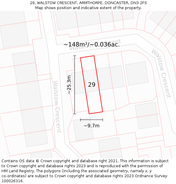 29, WALSTOW CRESCENT, ARMTHORPE, DONCASTER, DN3 2FS: Plot and title map
