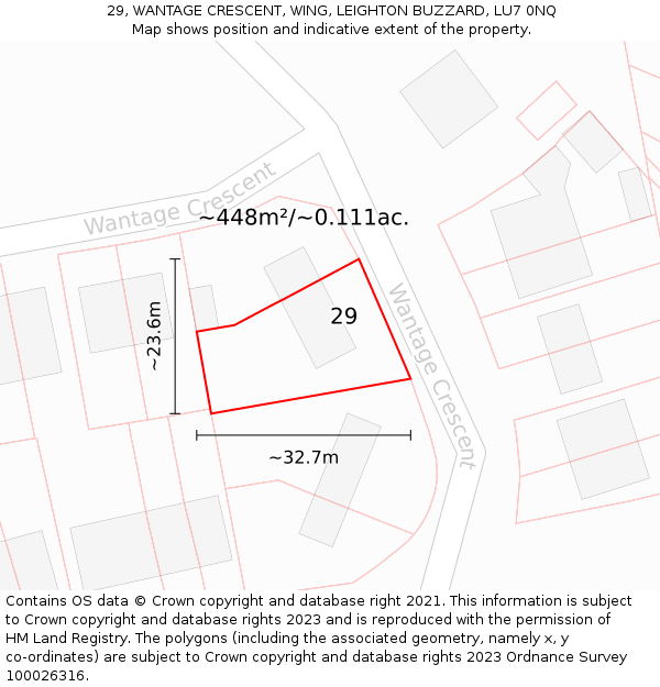 29, WANTAGE CRESCENT, WING, LEIGHTON BUZZARD, LU7 0NQ: Plot and title map