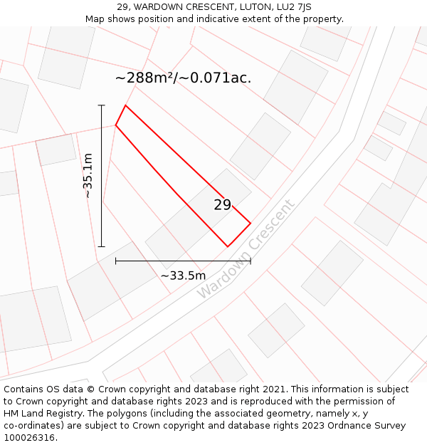 29, WARDOWN CRESCENT, LUTON, LU2 7JS: Plot and title map