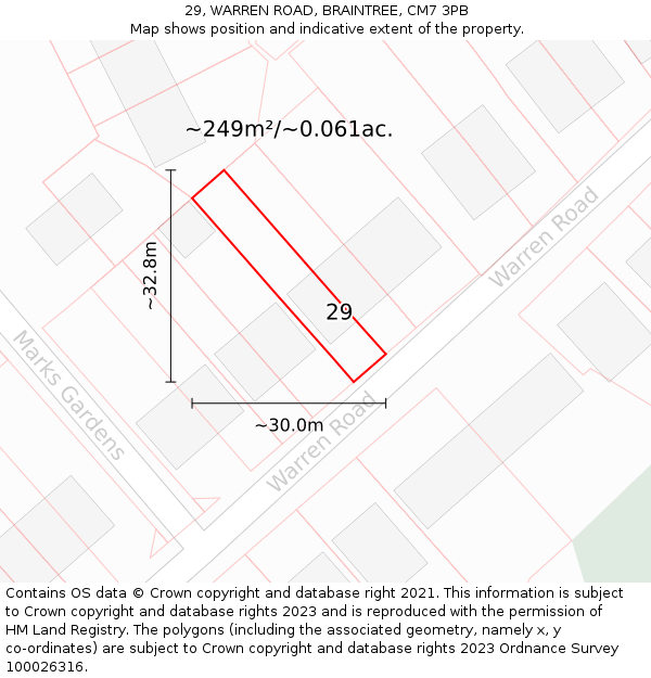 29, WARREN ROAD, BRAINTREE, CM7 3PB: Plot and title map