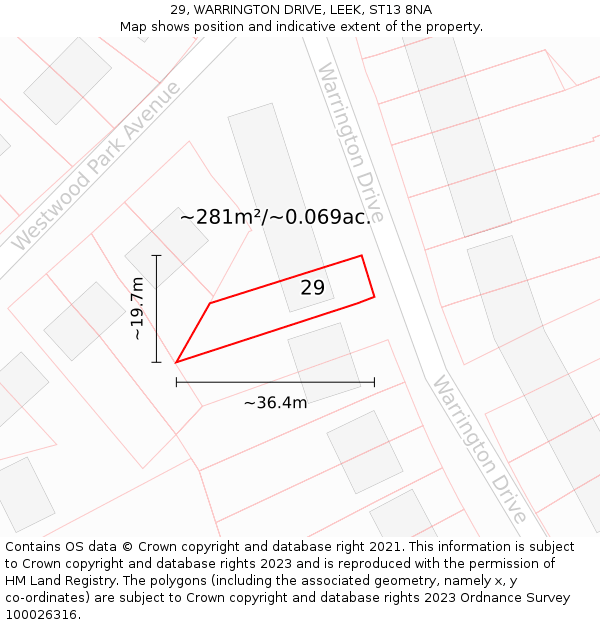 29, WARRINGTON DRIVE, LEEK, ST13 8NA: Plot and title map