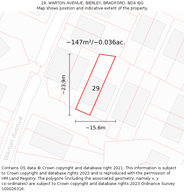 29, WARTON AVENUE, BIERLEY, BRADFORD, BD4 6JG: Plot and title map