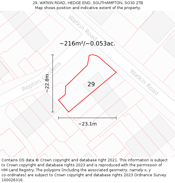 29, WATKIN ROAD, HEDGE END, SOUTHAMPTON, SO30 2TB: Plot and title map