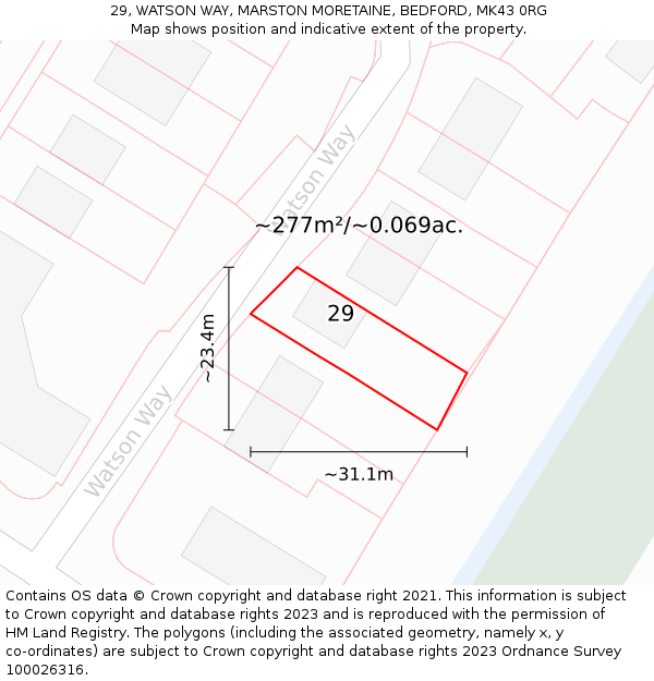 29, WATSON WAY, MARSTON MORETAINE, BEDFORD, MK43 0RG: Plot and title map