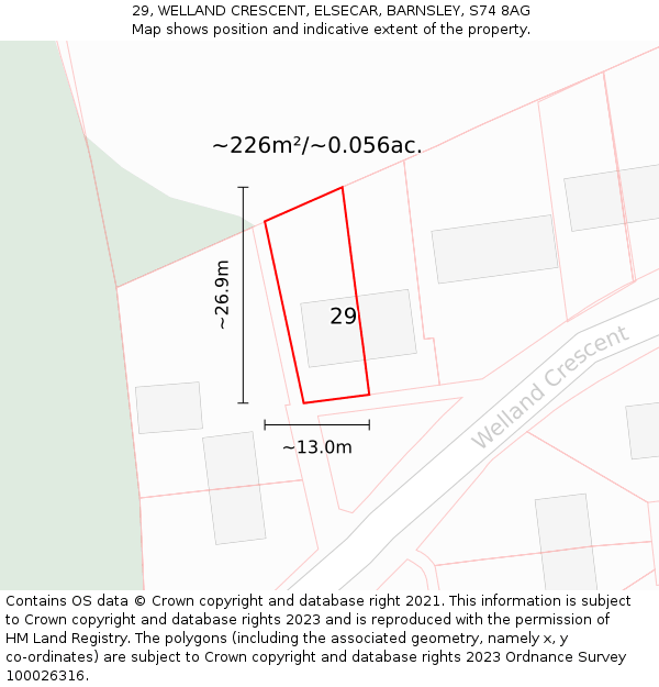 29, WELLAND CRESCENT, ELSECAR, BARNSLEY, S74 8AG: Plot and title map