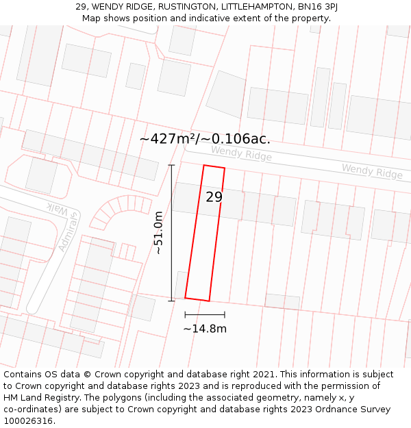 29, WENDY RIDGE, RUSTINGTON, LITTLEHAMPTON, BN16 3PJ: Plot and title map