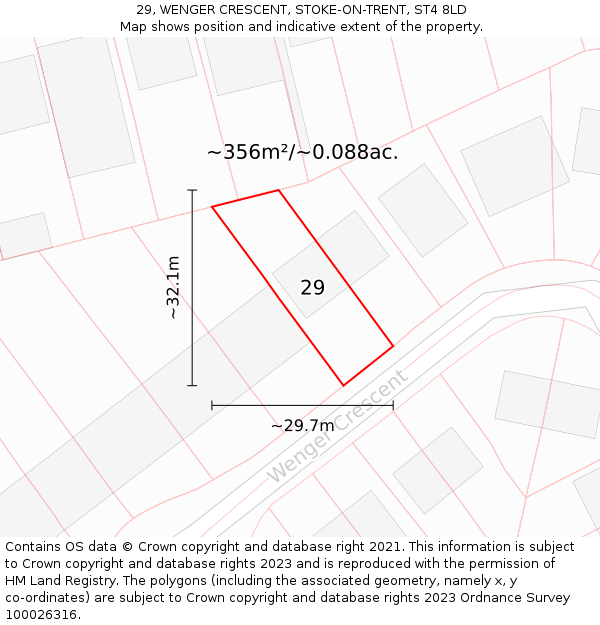 29, WENGER CRESCENT, STOKE-ON-TRENT, ST4 8LD: Plot and title map