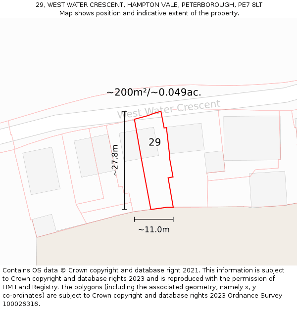29, WEST WATER CRESCENT, HAMPTON VALE, PETERBOROUGH, PE7 8LT: Plot and title map