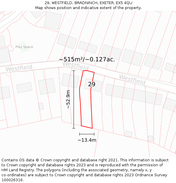 29, WESTFIELD, BRADNINCH, EXETER, EX5 4QU: Plot and title map