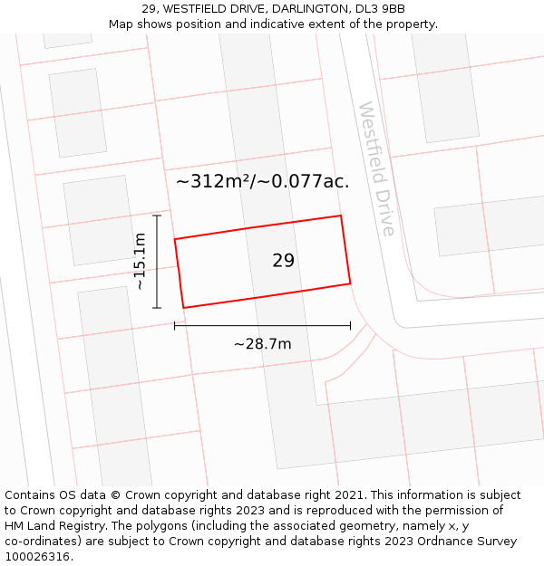 29, WESTFIELD DRIVE, DARLINGTON, DL3 9BB: Plot and title map
