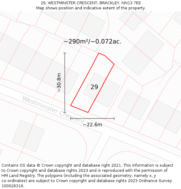 29, WESTMINSTER CRESCENT, BRACKLEY, NN13 7EE: Plot and title map