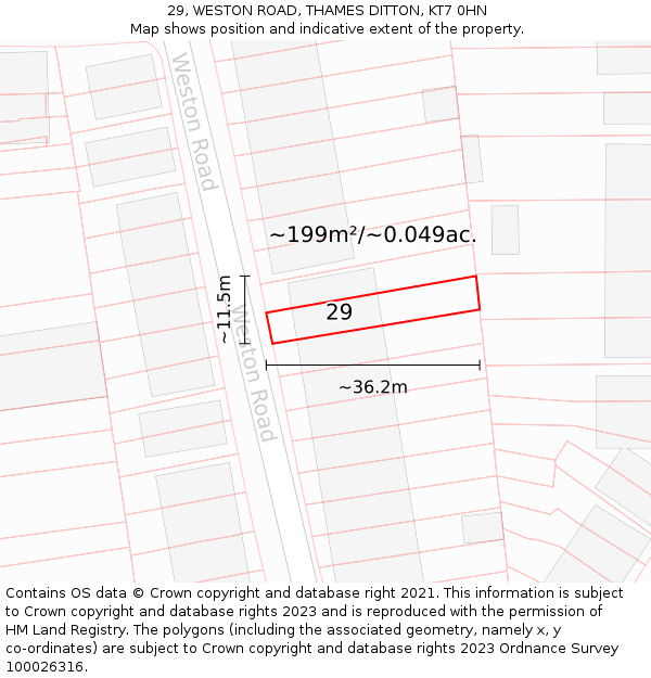 29, WESTON ROAD, THAMES DITTON, KT7 0HN: Plot and title map