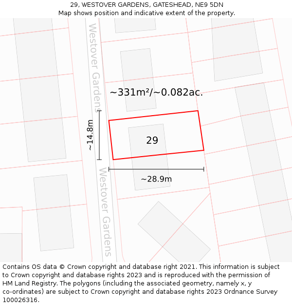 29, WESTOVER GARDENS, GATESHEAD, NE9 5DN: Plot and title map