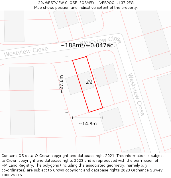 29, WESTVIEW CLOSE, FORMBY, LIVERPOOL, L37 2FG: Plot and title map